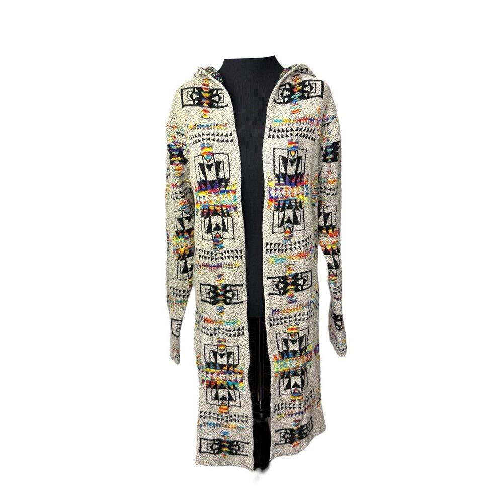 NORTHERN ANGEL Colorful Aztec Knit Long Line Hooded Cardigan Sweater Sz M EUC